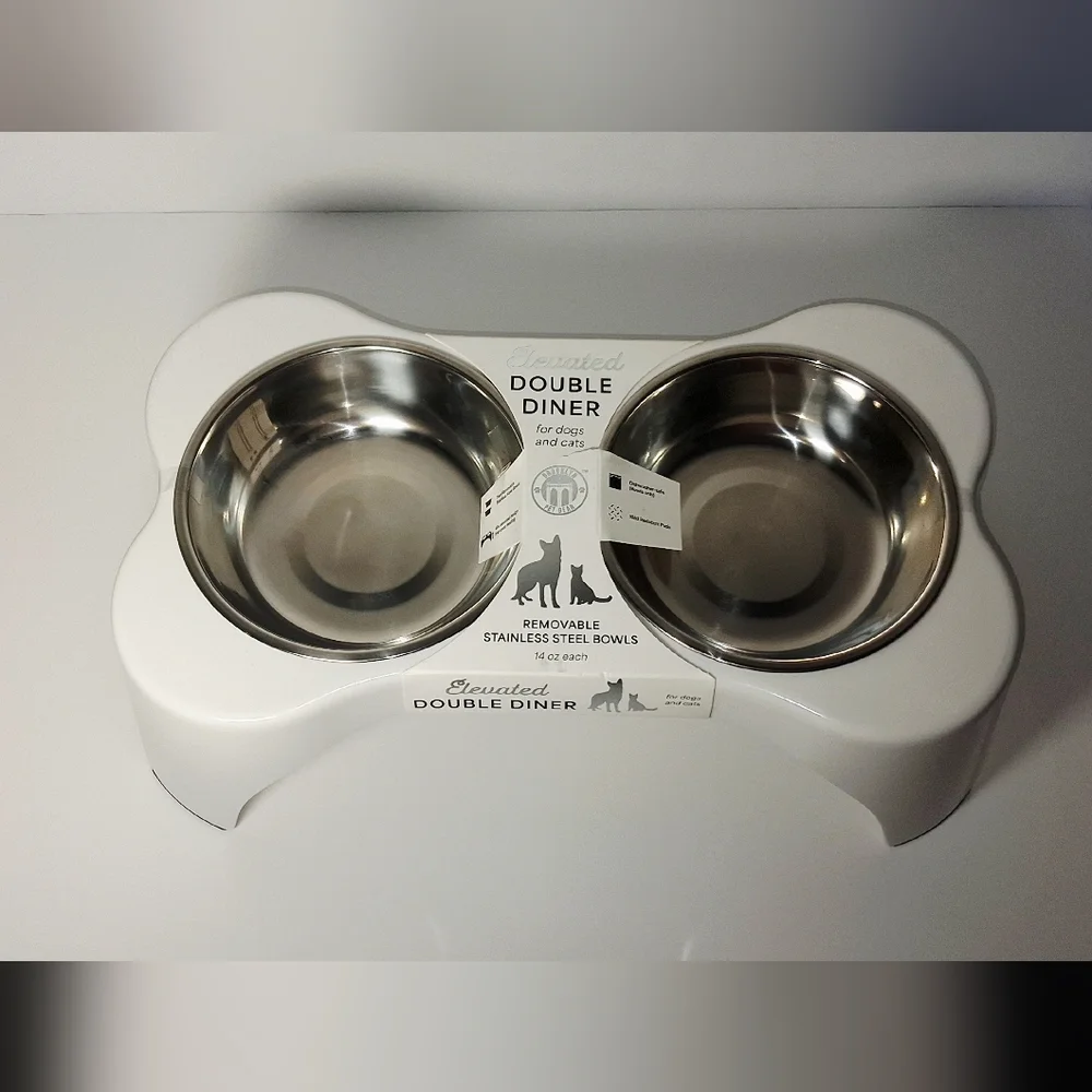 Elevated Double Diner Pet Bowl - White with Stainless Steel Bowls